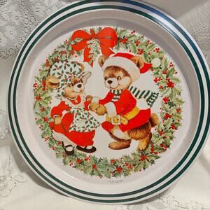 Vintage Christmas Platters set of 2 1984 Christmas Tin Metal  Kitsch Bears Santa